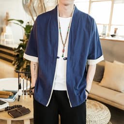 image-Ottilon Men's Cotton Linen Jacket Half Sleeve Tang Suit Cardigan
