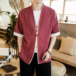 image-Ottilon Men's Cotton Linen Jacket Half Sleeve Tang Suit Cardigan