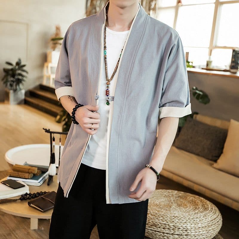 image-Ottilon Men's Cotton Linen Jacket Half Sleeve Tang Suit Cardigan