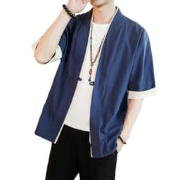 image-Ottilon Men's Cotton Linen Jacket Half Sleeve Tang Suit Cardigan