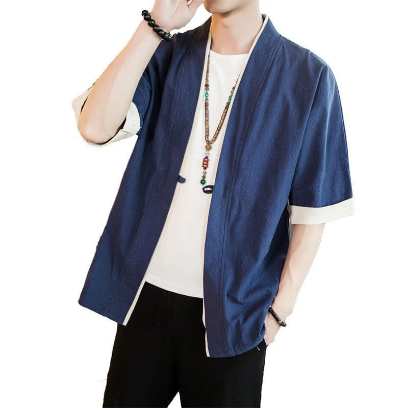 image-Ottilon Men's Cotton Linen Jacket Half Sleeve Tang Suit Cardigan