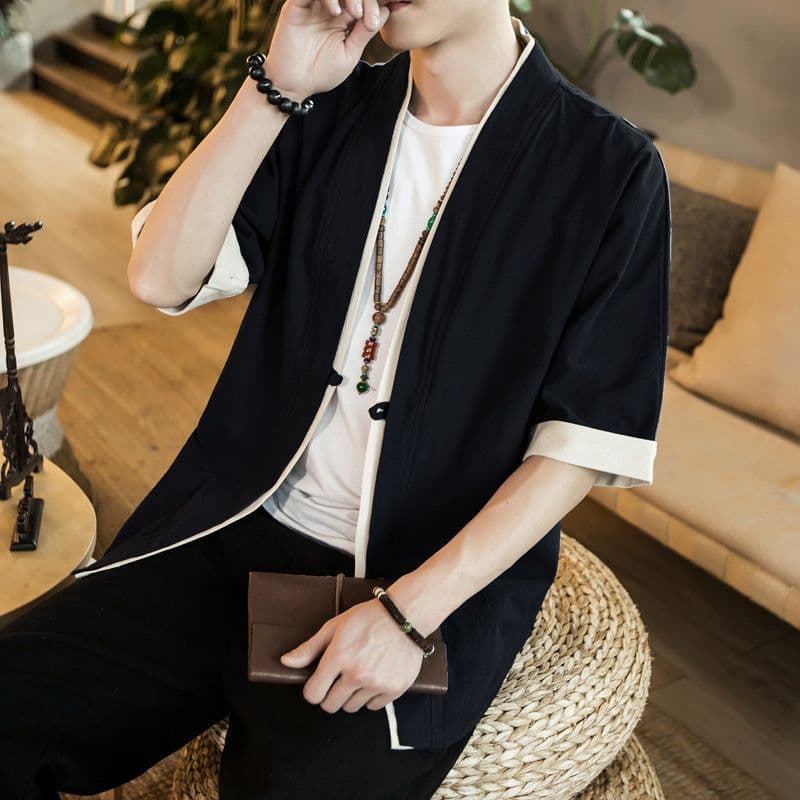 image-Ottilon Men's Cotton Linen Jacket Half Sleeve Tang Suit Cardigan