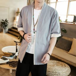 image-Ottilon Men's Cotton Linen Jacket Half Sleeve Tang Suit Cardigan