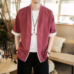 image-Ottilon Men's Cotton Linen Jacket Half Sleeve Tang Suit Cardigan