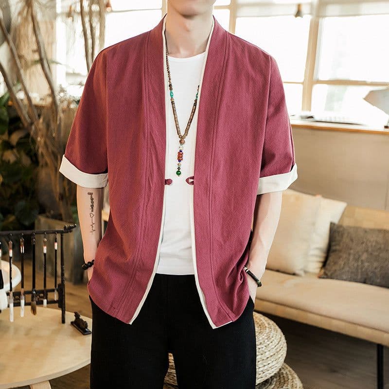 image-Ottilon Men's Cotton Linen Jacket Half Sleeve Tang Suit Cardigan