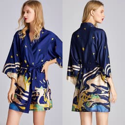 image-Yaoting Women's Ice Silk Nightgown V-Neck 3/4 Sleeve Pajamas 1605