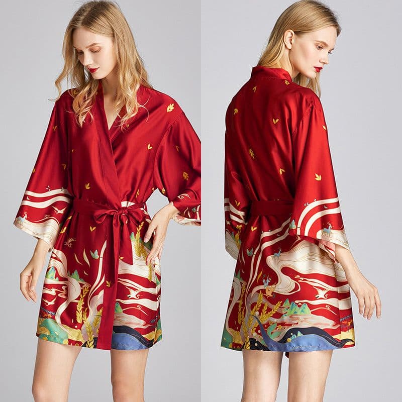 image-Yaoting Women's Ice Silk Nightgown V-Neck 3/4 Sleeve Pajamas 1605