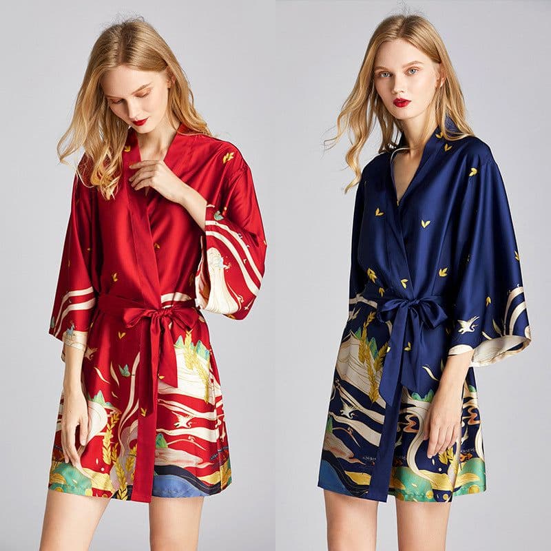 image-Yaoting Women's Ice Silk Nightgown V-Neck 3/4 Sleeve Pajamas 1605