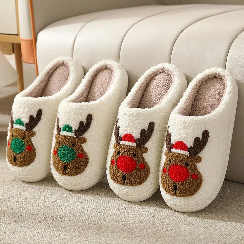 image-Unisex Elk Cartoon Plush Cotton Slippers Non-Slip Indoor Home Shoes