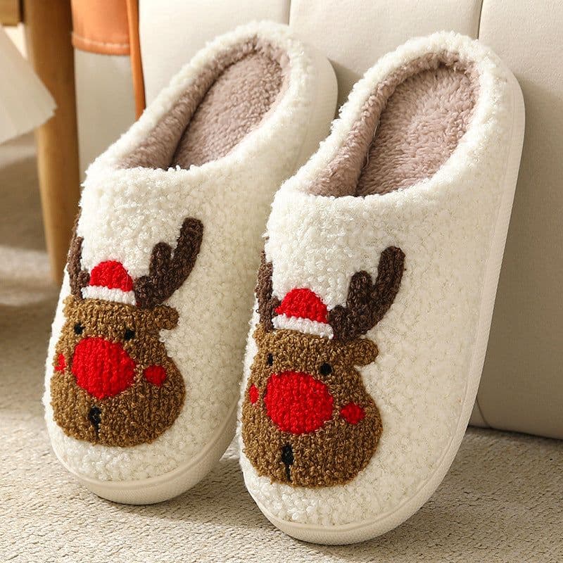 image-Unisex Elk Cartoon Plush Cotton Slippers Non-Slip Indoor Home Shoes