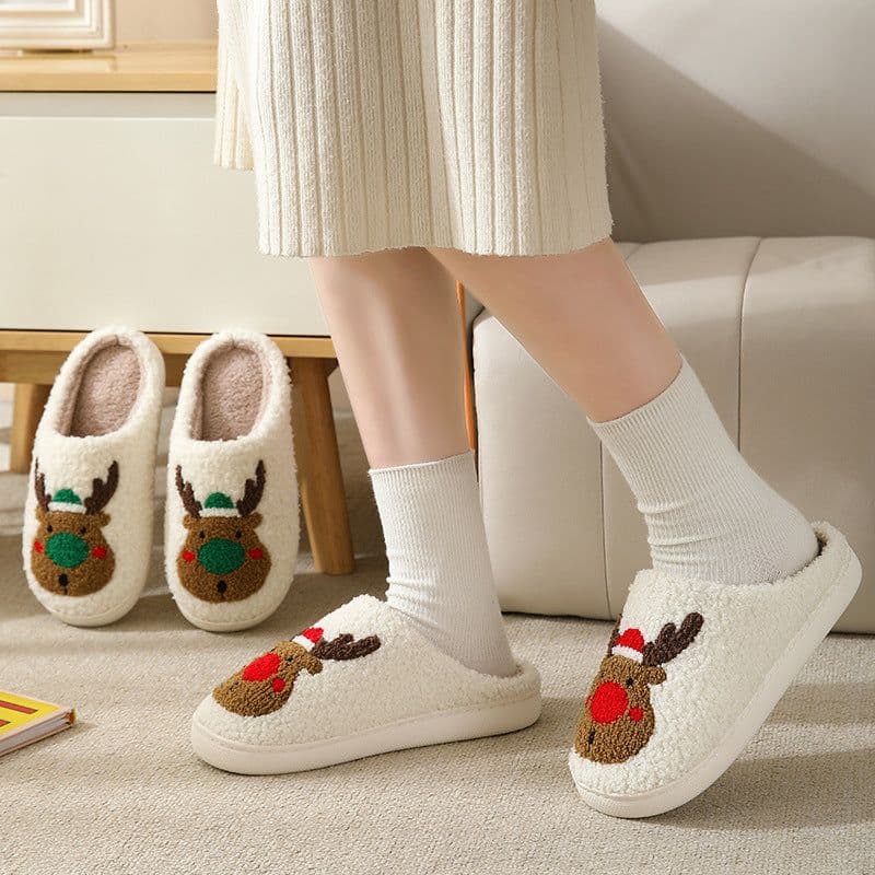 image-Unisex Elk Cartoon Plush Cotton Slippers Non-Slip Indoor Home Shoes