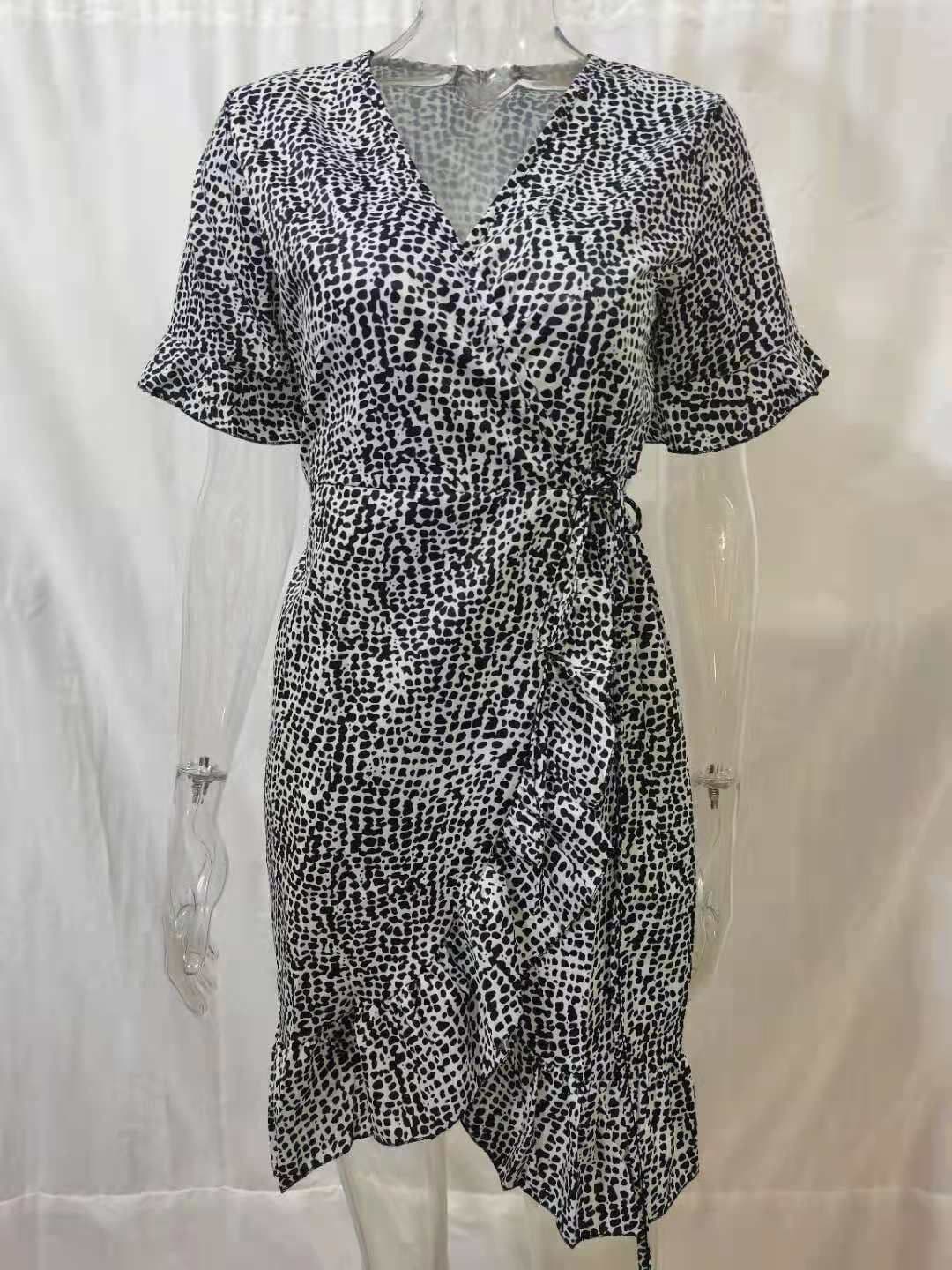 image-Women's Floral Chiffon Midi Dress V-Neck High Waist Short Sleeve