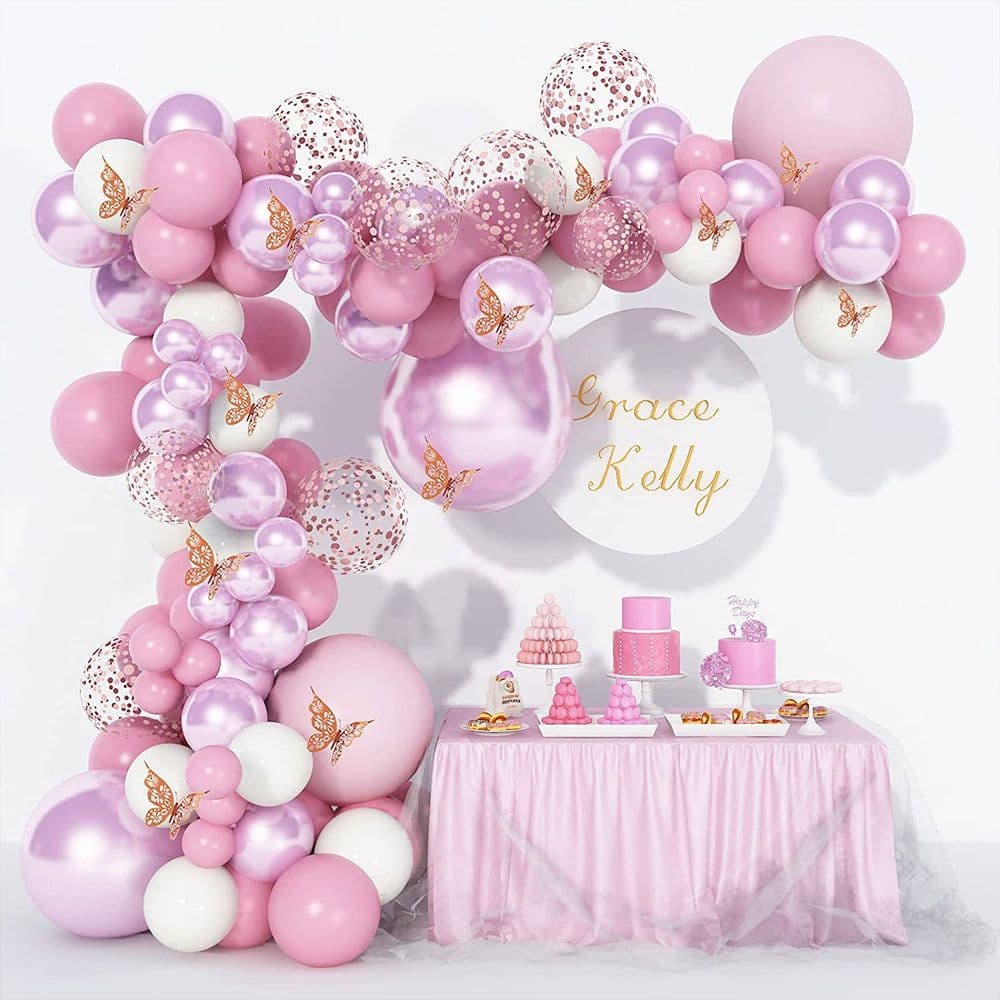 image-Metal Pink Balloon Chain Butterfly Decoration Set 129PC Birthday Party Wedding