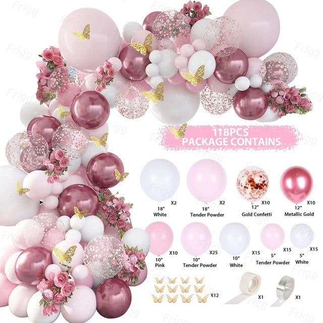 image-Metal Pink Balloon Chain Butterfly Decoration Set 129PC Birthday Party Wedding