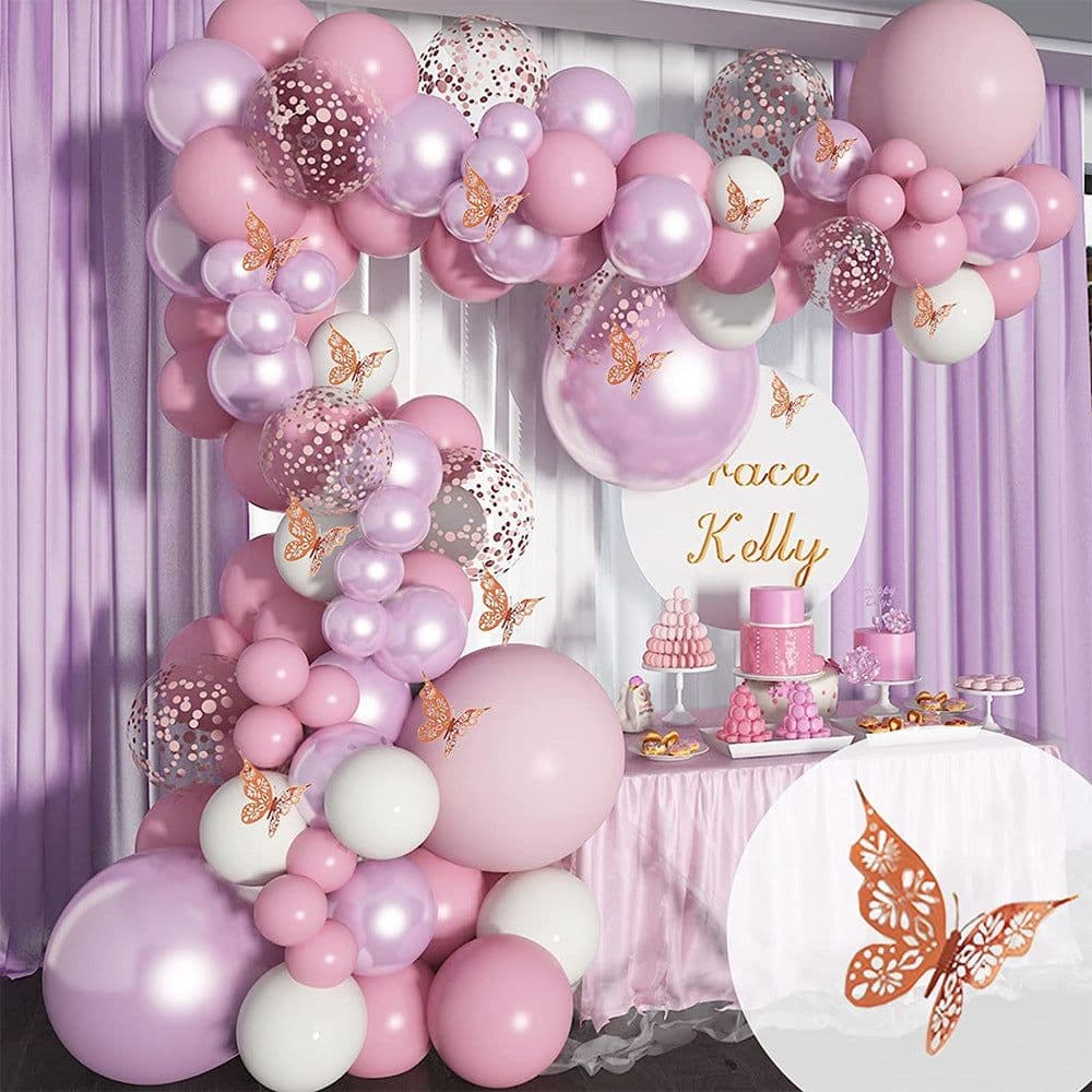 image-Metal Pink Balloon Chain Butterfly Decoration Set 129PC Birthday Party Wedding