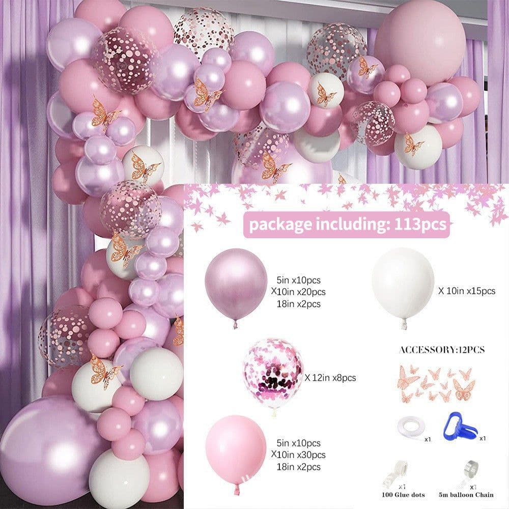 image-Metal Pink Balloon Chain Butterfly Decoration Set 129PC Birthday Party Wedding