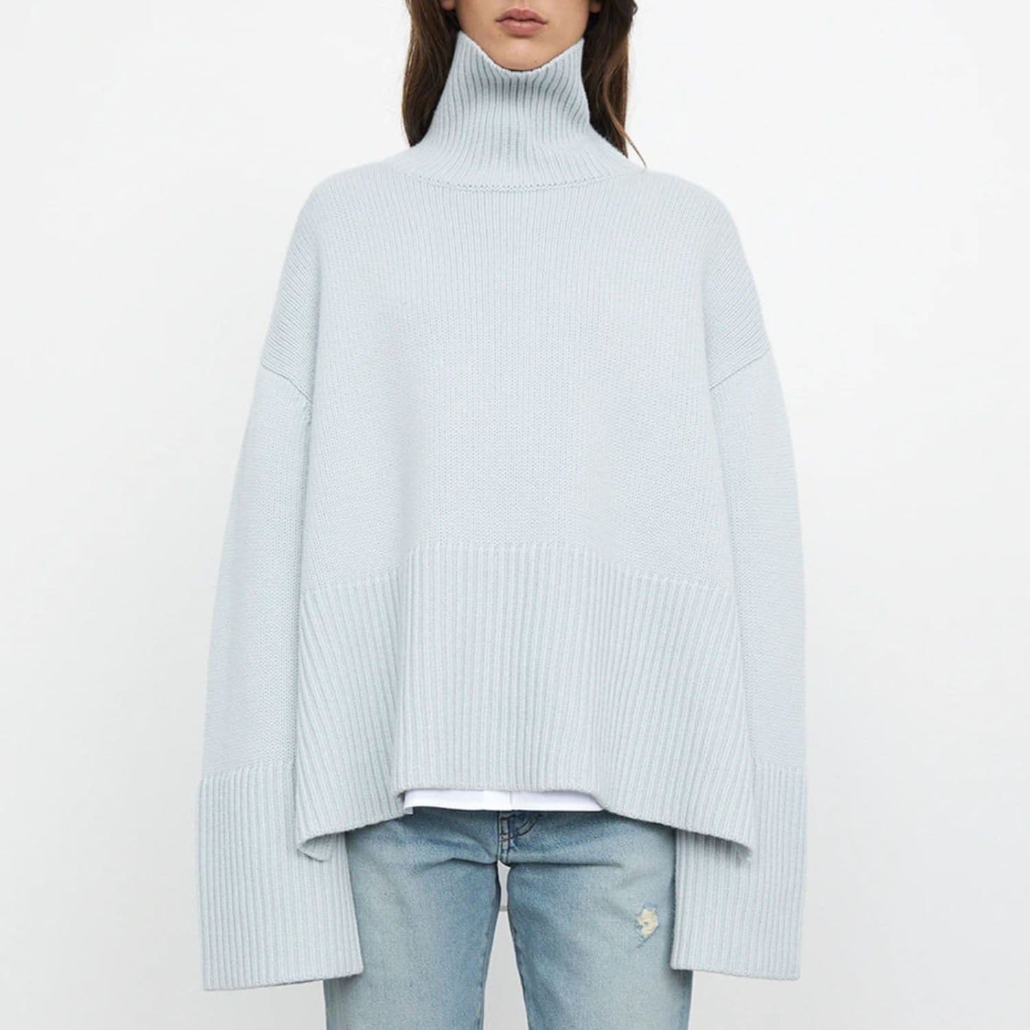 image-Women's High Neck Striped Knit Sweater Pullover Top Long Sleeve