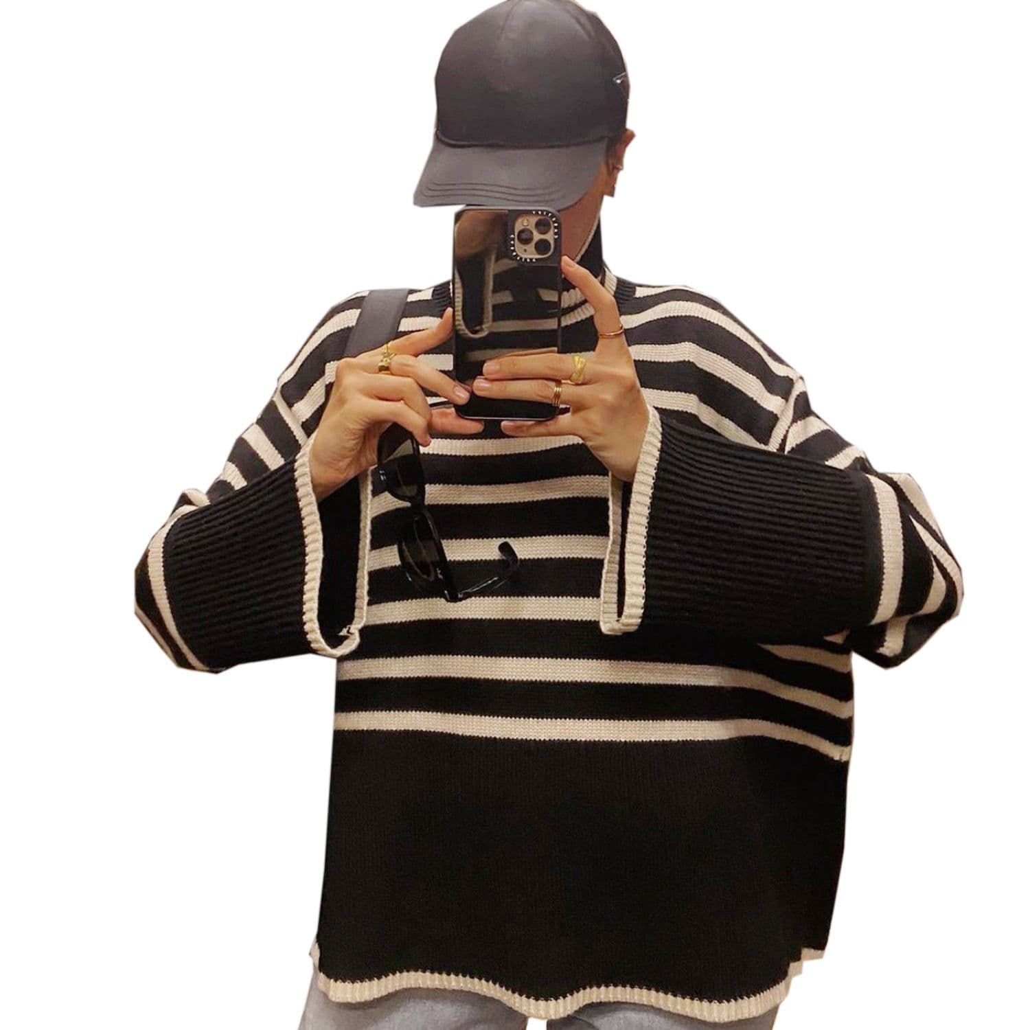 image-Women's High Neck Striped Knit Sweater Pullover Top Long Sleeve