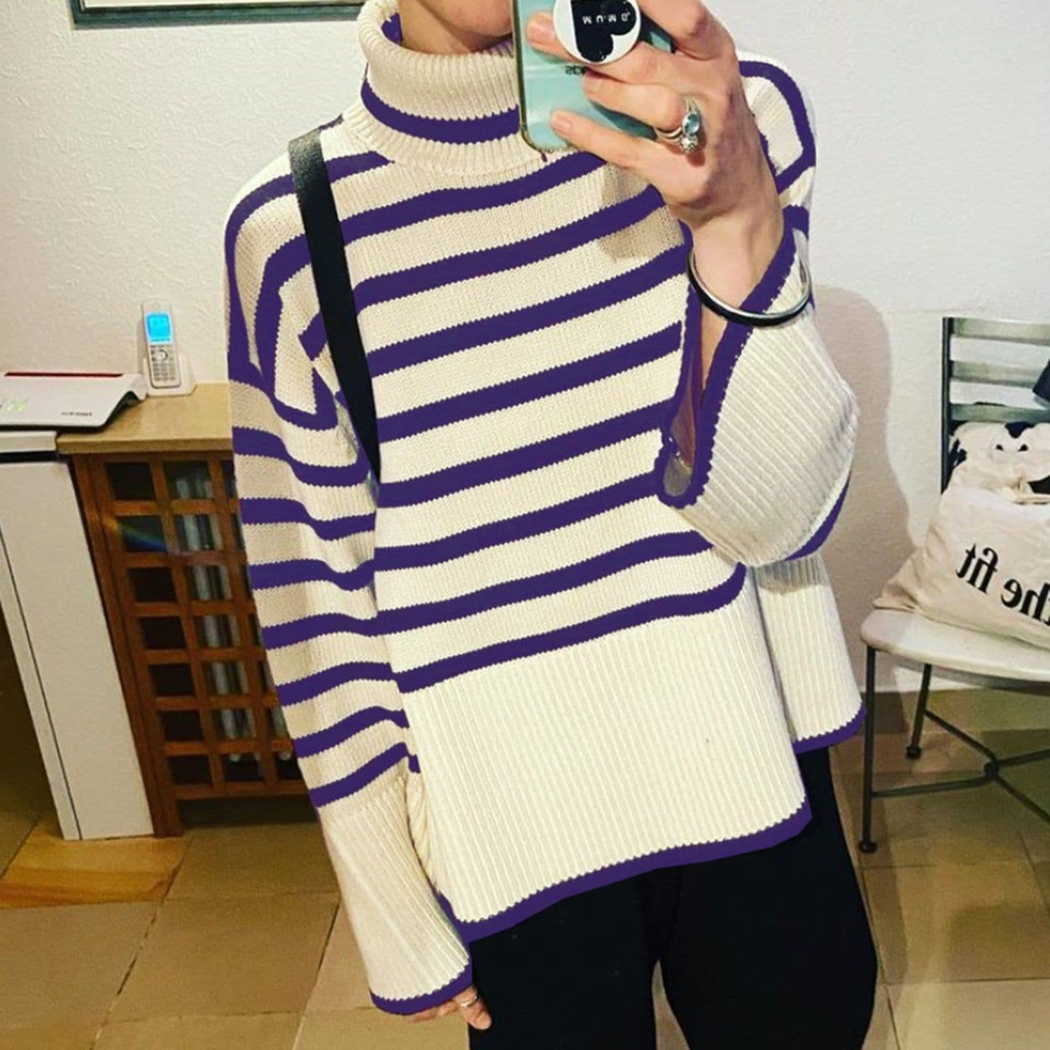 image-Women's High Neck Striped Knit Sweater Pullover Top Long Sleeve