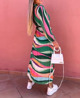 image-Women's Striped Pleated Midi Dress Long Sleeve High Waist Polyester