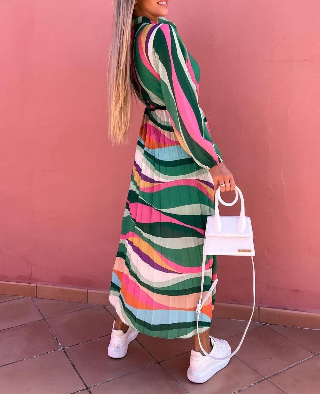 image-Women's Striped Pleated Midi Dress Long Sleeve High Waist Polyester
