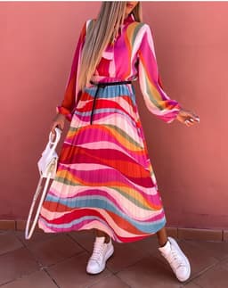 image-Women's Striped Pleated Midi Dress Long Sleeve High Waist Polyester
