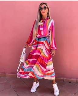 image-Women's Striped Pleated Midi Dress Long Sleeve High Waist Polyester