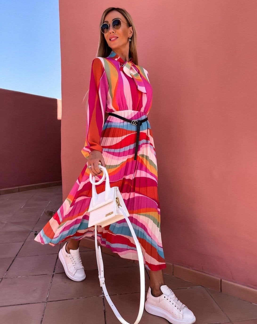 image-Women's Striped Pleated Midi Dress Long Sleeve High Waist Polyester