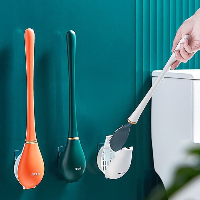 image-Silicone Toilet Brush with Holder - Wall-Mounted Long Handle Set