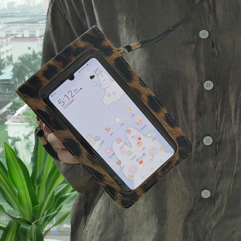 image-Leopard Print PU Leather Bicycle Bag 5 inch Touch Screen Phone Holder