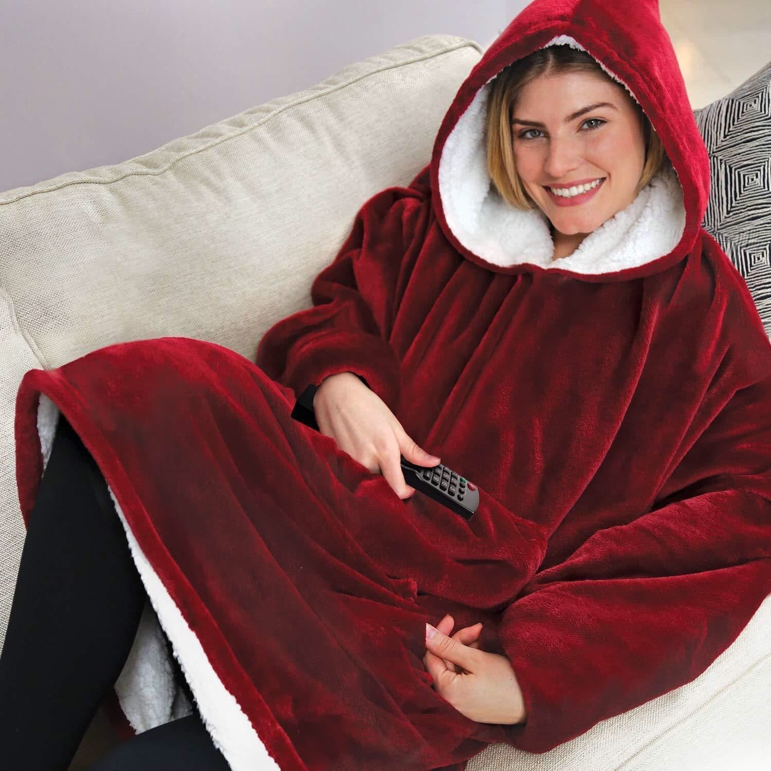 image-Hooded Blanket with Sleeves and Pocket - Sherpa Fleece Wearable
