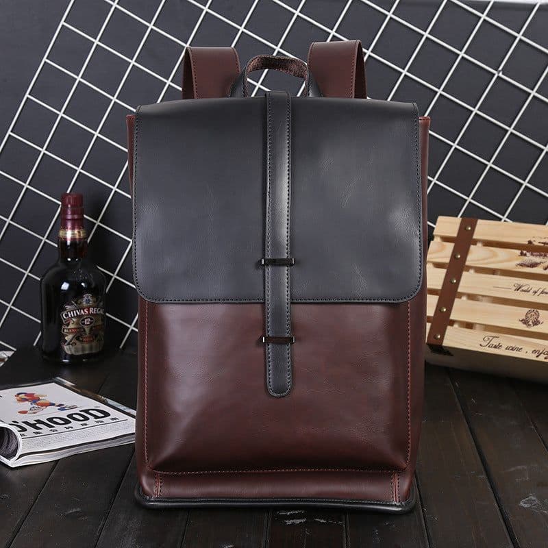 image-Men's PU Leather Backpack Large Capacity Travel School Bag Brown