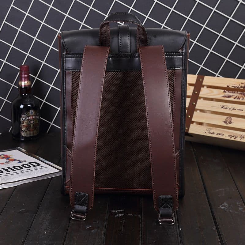 image-Men's PU Leather Backpack Large Capacity Travel School Bag Brown