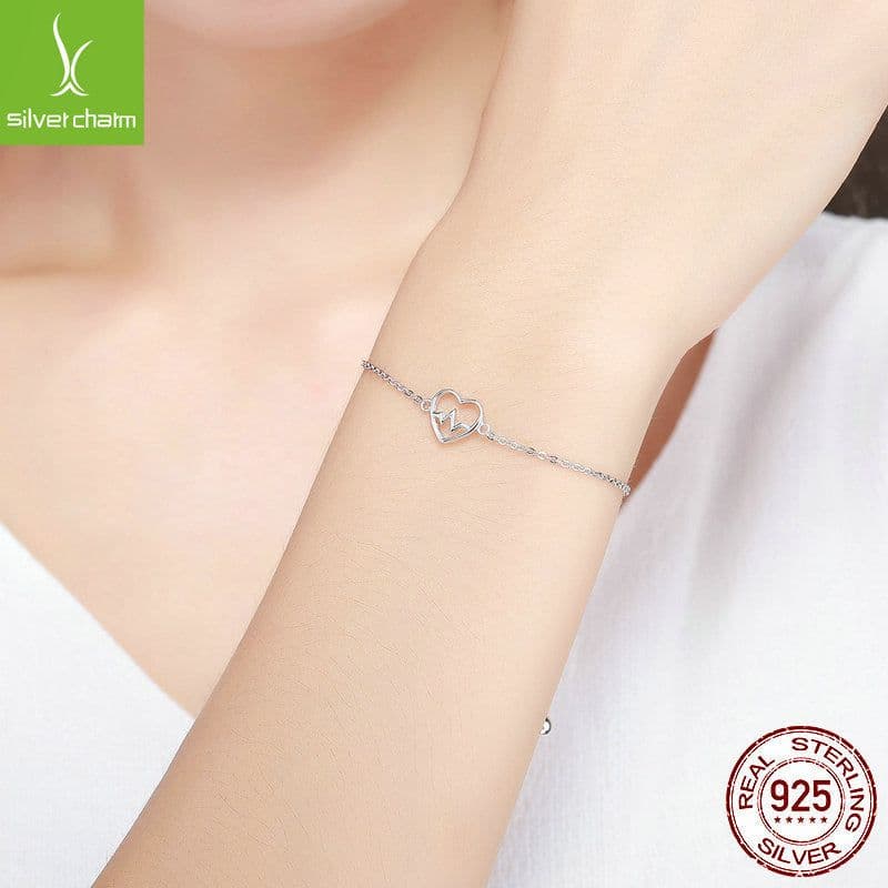 image-Silver Charm S925 Sterling Silver Heart ECG Bracelet SCB019