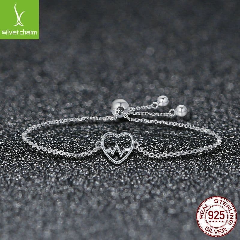 image-Silver Charm S925 Sterling Silver Heart ECG Bracelet SCB019