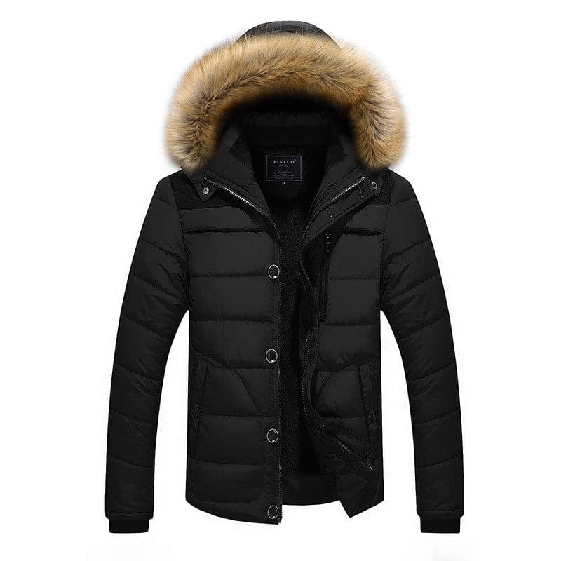 image-Men's Hooded Cotton Padded Jacket Fleece Lined Fur Collar Casual
