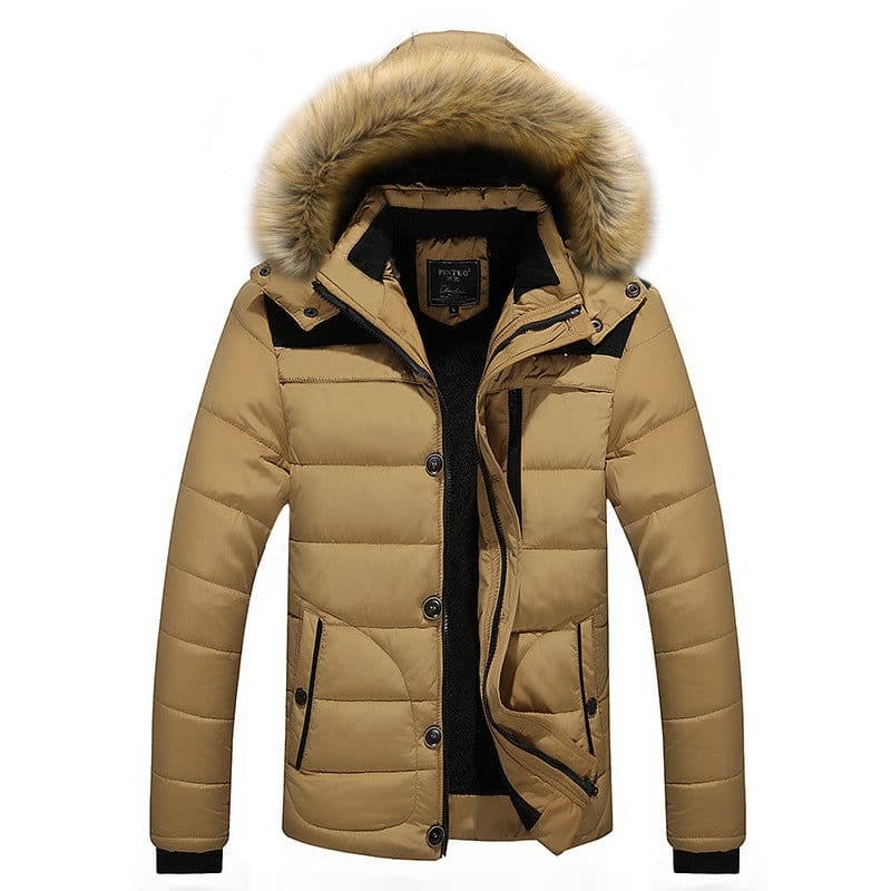 image-Men's Hooded Cotton Padded Jacket Fleece Lined Fur Collar Casual
