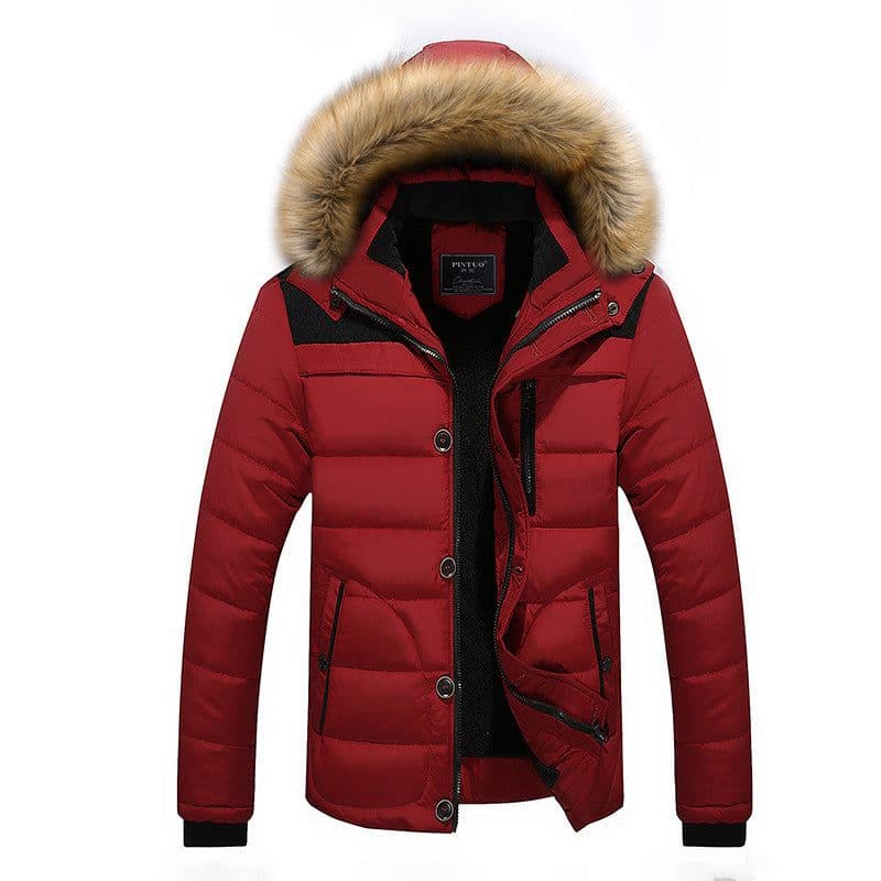 image-Men's Hooded Cotton Padded Jacket Fleece Lined Fur Collar Casual