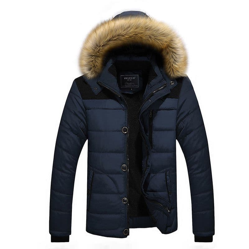 image-Men's Hooded Cotton Padded Jacket Fleece Lined Fur Collar Casual