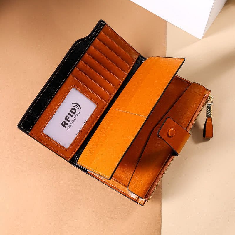 image-RFID Anti-Theft Leather Women's Wallet Oil Wax Leather Zipper