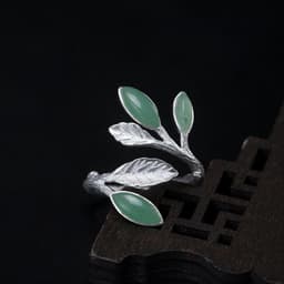 image-S925 Silver Adjustable Aventurine Jade Leaf Ring Retro Women's Jewelry