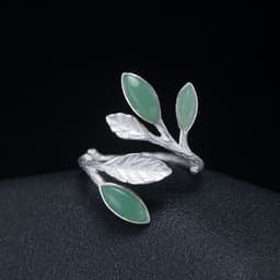 image-S925 Silver Adjustable Aventurine Jade Leaf Ring Retro Women's Jewelry
