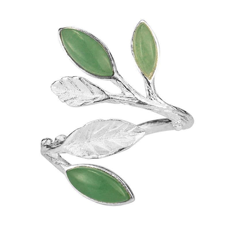 image-S925 Silver Adjustable Aventurine Jade Leaf Ring Retro Women's Jewelry