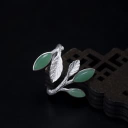 image-S925 Silver Adjustable Aventurine Jade Leaf Ring Retro Women's Jewelry