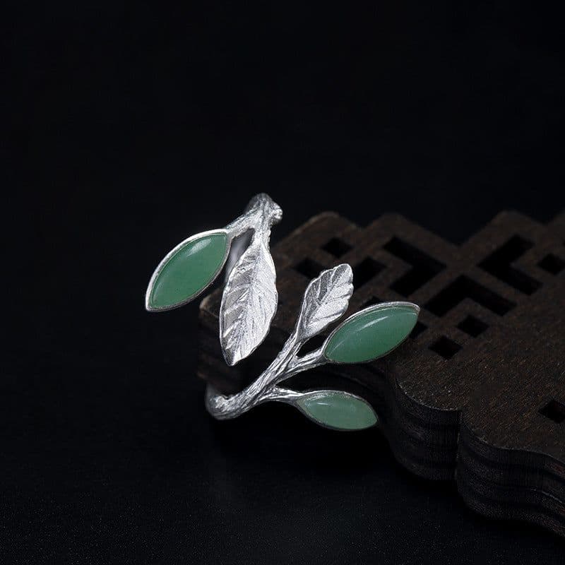 image-S925 Silver Adjustable Aventurine Jade Leaf Ring Retro Women's Jewelry
