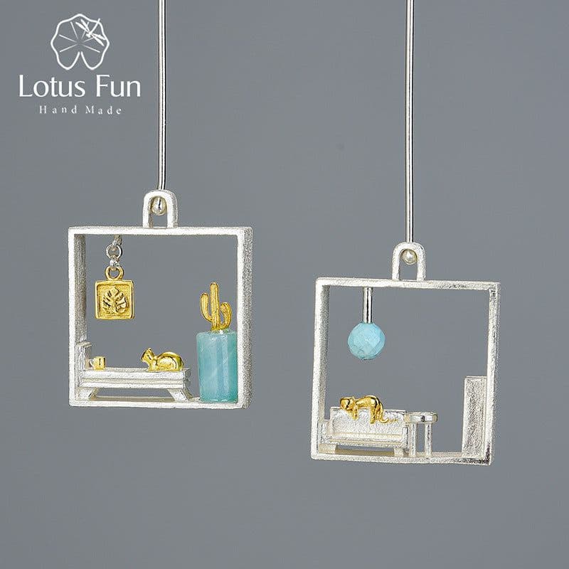 image-S925 Sterling Silver Lazy Cat Tianhe Stone Earrings Women