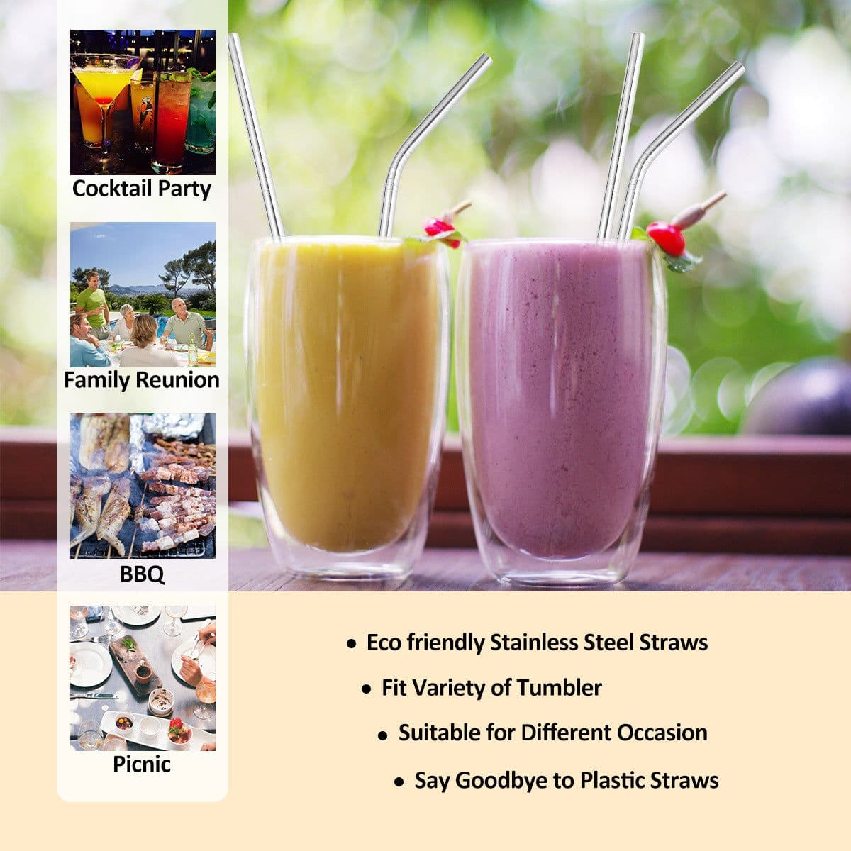 image-304 Stainless Steel Straw Set - 8 Piece Reusable Metal Straws