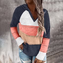 image-Women's V-Neck Striped Knit Sweater Long Sleeve Pullover