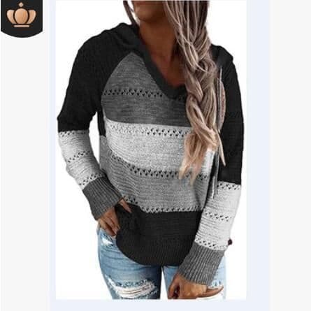 image-Women's V-Neck Striped Knit Sweater Long Sleeve Pullover