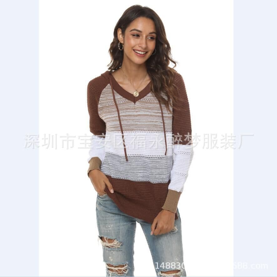 image-Women's V-Neck Striped Knit Sweater Long Sleeve Pullover
